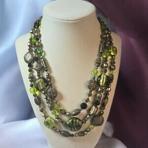 Green Multi Strand Beaded Necklace Vintage Layered Glass Statement Boho Earthy